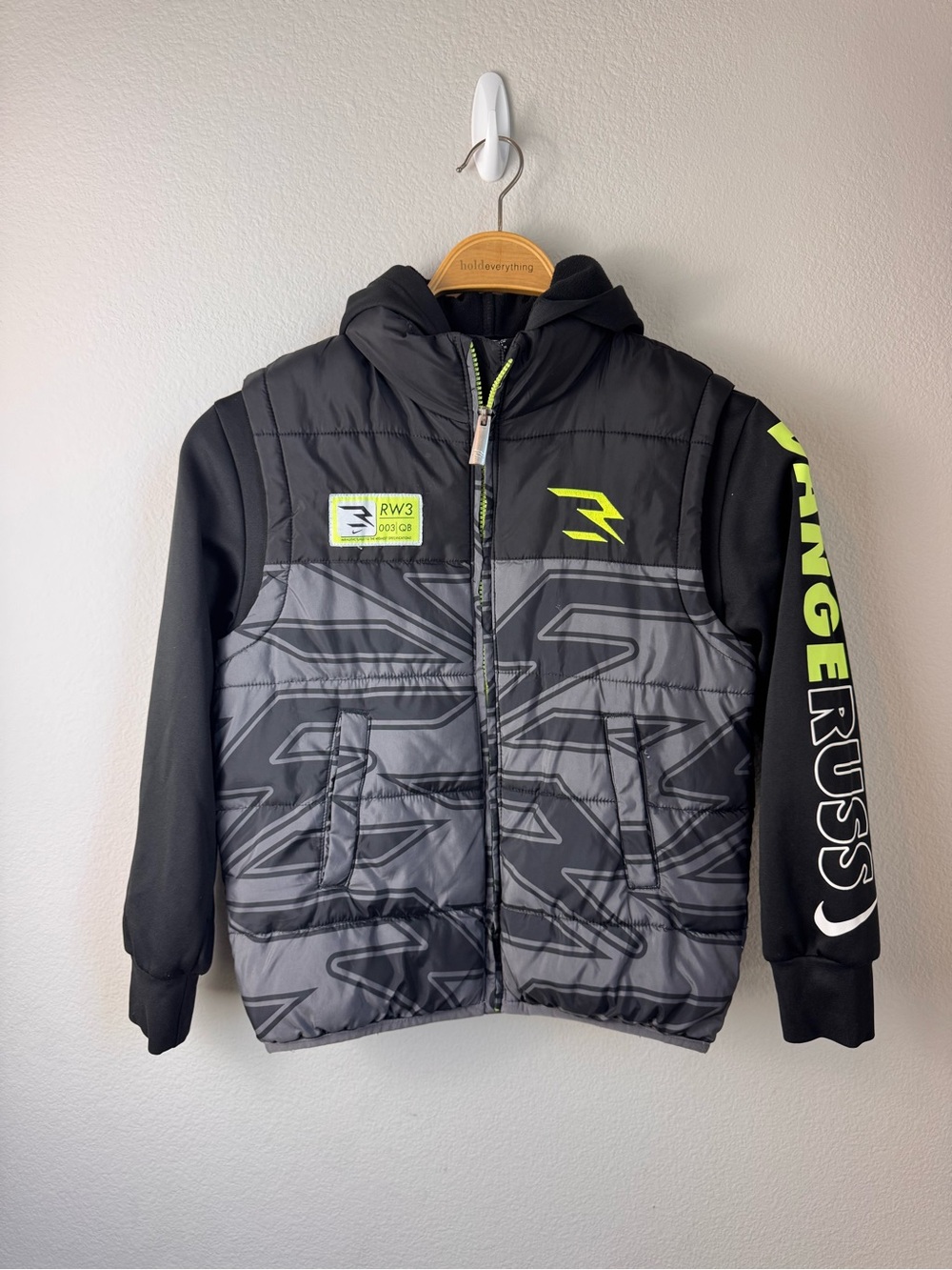 Nike Russell Athletic Black & Gray Puffer Hoodie with Neon Green Accents